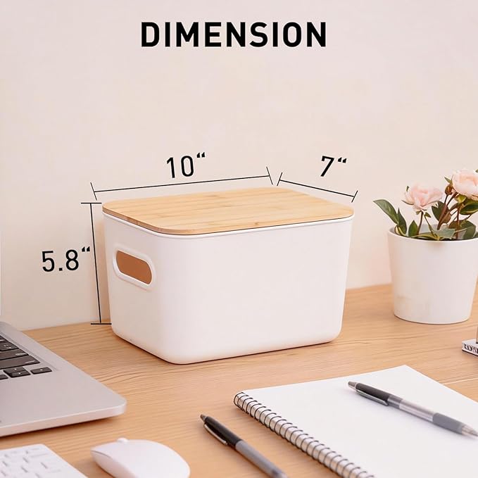 Citylife Storage Bins with Bamboo Lids 7QT Plastic Storage Containers Stackable Organizer Boxes with Handle for Desk Snacks, 