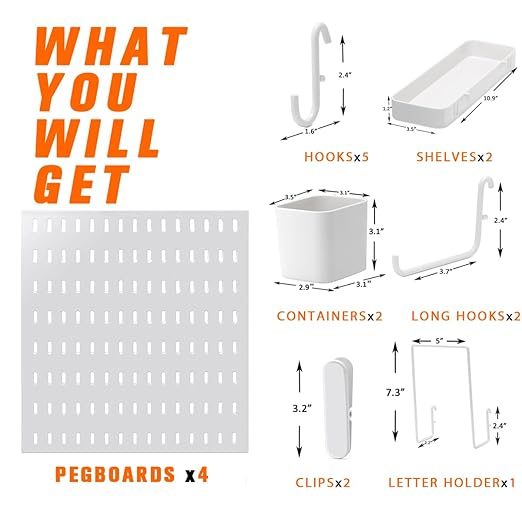 Pegboard Combination Kit, 4 Peg Boards White Pegboard for Walls, Office Wall Organizer, Gaming Room Wall, Nursery Storage, 22