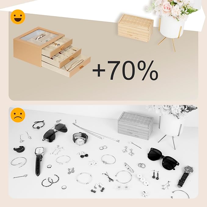 Jewelry Box with Glass Lid, 3-Layer Jewelry Organizer for Women Girls, PU Leather Display Case with 20-Grid Earring Tray & Mo