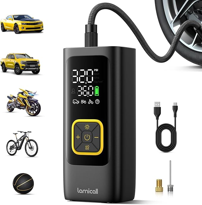 Car Tire Inflator Portable Air Compressor - Lamicall [4X Faster][150 PSI] Bike Air Pump, Rechargeable Battery, Pressure Gauge Display, LED Light, Automatic Car Cordless Pump for Motorcycle, Bike, Ball