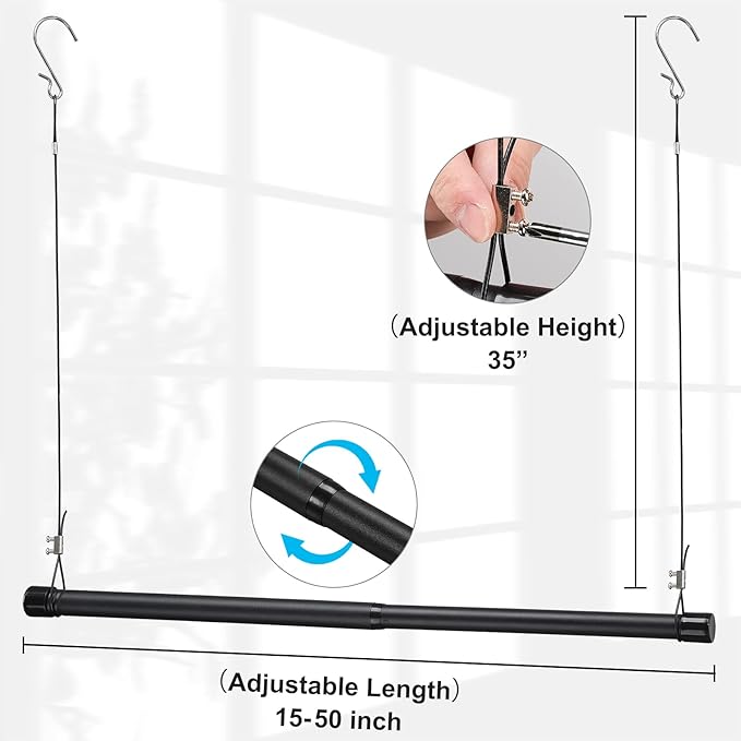 INFLATION Closet Rod With Hangers Adjustable Width (15-50 Inch) Tension for Hanging Clothes Rack, 35 Inch Height, Elegant Bla