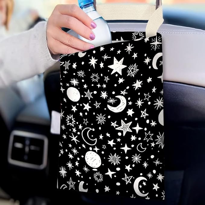 IRADA Car Trash Bag Hanging No Snap Small Garbage Bag for Car Back Seat Cute Printed One-Handed Strap Trash Bags Car Accessories-Moon and Star Black Car Trash Bags