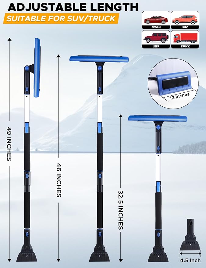 EcoNour 49" Snow Broom with Ice Scraper for Car Windshield & Windows | Scratch Free Snow Brush for Cars, Trucks & SUVs | Long Head Snow Rake Remover Perfect for Home and Car Roof