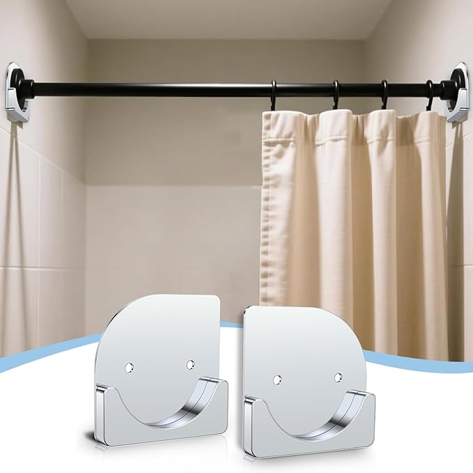 Metal Shower Curtain Rod Holders, Heavy Duty No Drill Adhesive Wall Mount or Screw Brackets, Rustproof Waterproof Rod Support