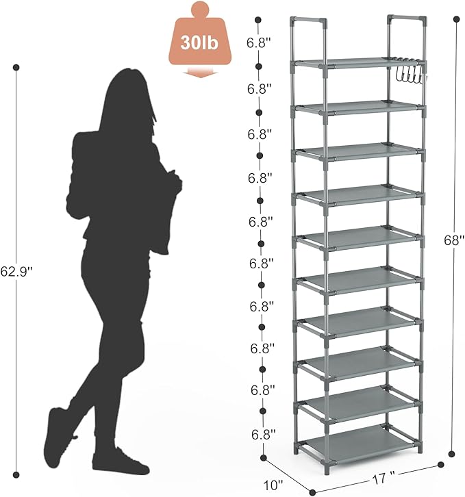 LANTEFUL 10 Tiers Tall Shoe Rack 20-25 Pairs Boots Organizer Storage Sturdy Narrow Shoe Shelf for Entryway, Closets with Hook