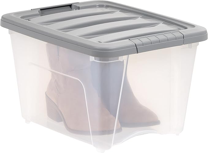 Amazon Basics Plastic Storage Containers with Secure Latching Lids, Stackable Organization Bins, Clear/Grey, 19 Quart, Set of