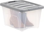 Amazon Basics Plastic Storage Containers with Secure Latching Lids, Stackable Organization Bins, Clear/Grey, 19 Quart, Set of