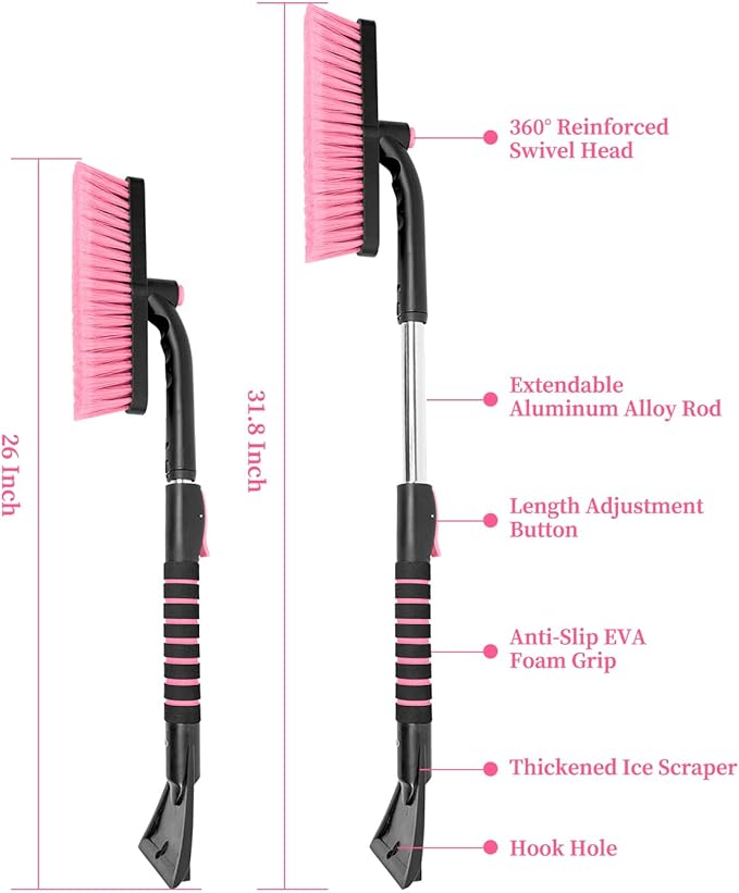 SEAAES Ice Scraper with Snow Brush for Car Windshield, Upgraded Extendable Snow Brush with Foam Grip for Truck SUV Vehicle Windows - Pink
