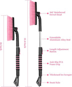 SEAAES Ice Scraper with Snow Brush for Car Windshield, Upgraded Extendable Snow Brush with Foam Grip for Truck SUV Vehicle Windows - Pink