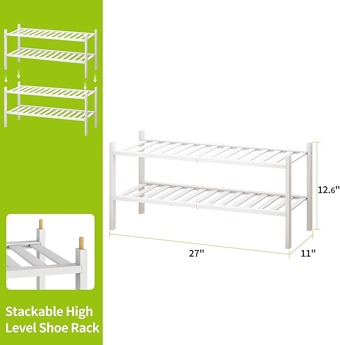 BMOSU 2-Tier Bamboo Shoe Rack Premium Stackable Shoe Shelf Storage Organizer for Hallway Closet Living Room Entryway Organize