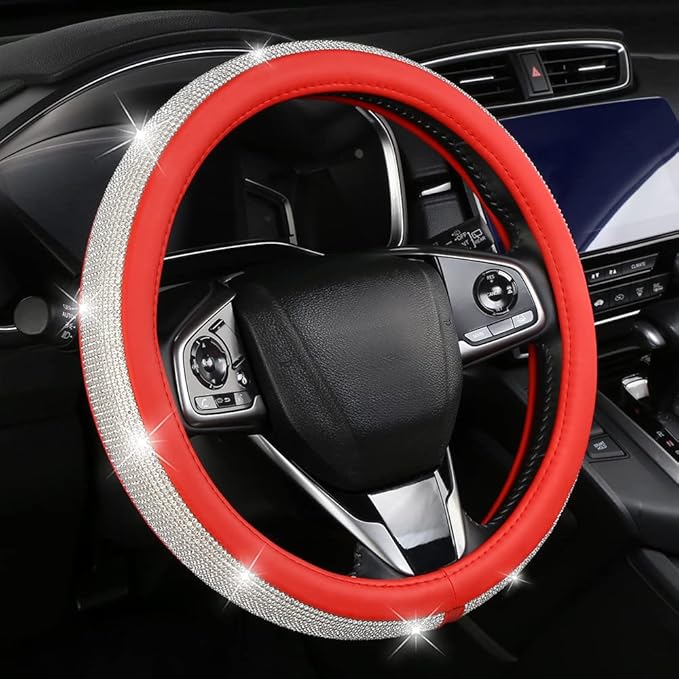 Bling Diamond Leather Steering Wheel Cover for Women Girls with Crystal Rhinestones, Universal Fit 14.5-15 Inch Car Steering Wheel Cover Accessories