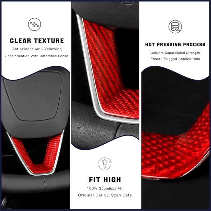 JSWAN Carbon Fiber Steering Wheel Panel Cover Fit for Tesla Refreshed Model 3 Highland Performance (2024+) Model Y Juniper (2025+) Steering Wheel Frame Trim Cover (Red Twill Weave)
