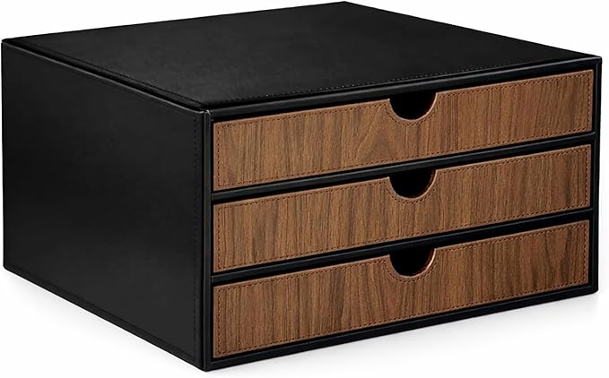 UnionBasic Document Organizer, 3-Drawer File Cabinet Document Storage Box, Office Desktop Filing Organizer, Black with Wood G