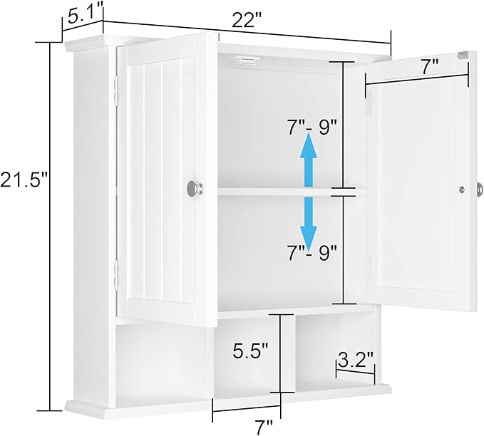 ChooChoo Bathroom Cabinet Wall Mounted 2-Door with 3 Open Shelves, Wooden Medicine Cabinets with Adjustable Shelf, Space Save
