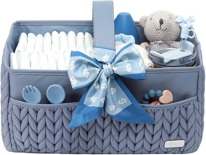 Luxurious Baby Diaper Caddy, Nursery Storage Basket for Newborn Essentials, Travel Baby Basket for Diapers Baby Wipes, Organi