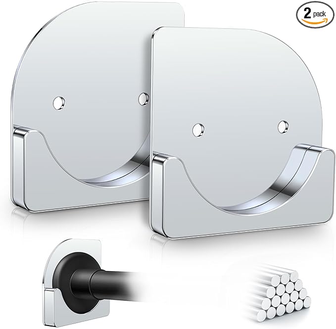 Metal Shower Curtain Rod Holders, Heavy Duty No Drill Adhesive Wall Mount or Screw Brackets, Rustproof Waterproof Rod Support
