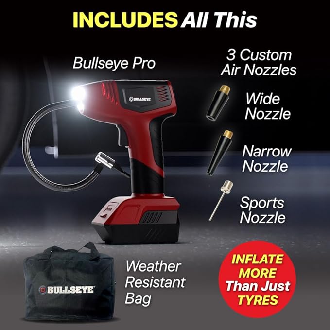 BULLSEYE PRO Tire Inflator with Pressure Gauge, Compact and Portable, Automatic Shut Off, 150 PSI Max, USB Home Rechargeable and Cord for Vehicular Use As Seen On TV (9475)