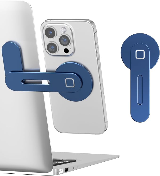 CloudValley Adjustable Laptop Stand, Magnetic Phone Holder, Aluminum Slim Computer Monitor Side Mount Clip for iPhone MagSafe Series & All Phones, Portable Foldable Computer Expansion Bracket,Blue