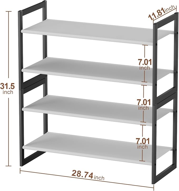 4-Tier Shoe Rack for Closet & Entryway, Stackable Shoe Organizer with Screw-Fastened Metal Frame, Less Wobble Design, Heel-Fr