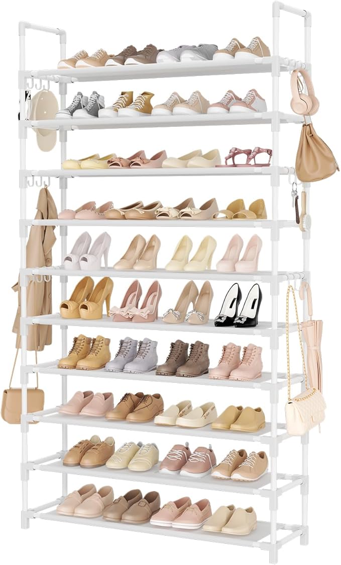 LANTEFUL Tall Shoe Rack 10 Tier Shoe Organizer Large Shoe Shelf with 18 Hooks Storage for 50 Pair Sneaker and Boot, Stackable