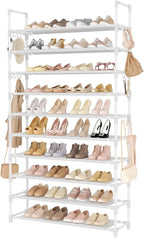 LANTEFUL Tall Shoe Rack 10 Tier Shoe Organizer Large Shoe Shelf with 18 Hooks Storage for 50 Pair Sneaker and Boot, Stackable