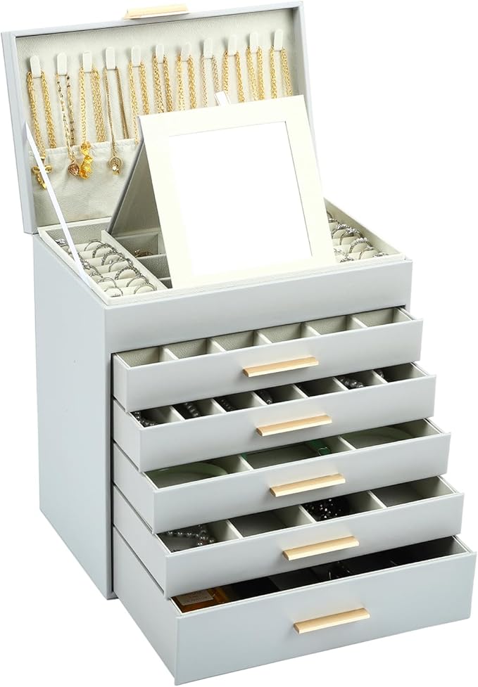 BOOVO Jewelry Boxes for Women, White and Black 6 Layer Large Jewelry Box for Necklace, Bracelet, Earrings, Rings Storage, Jew