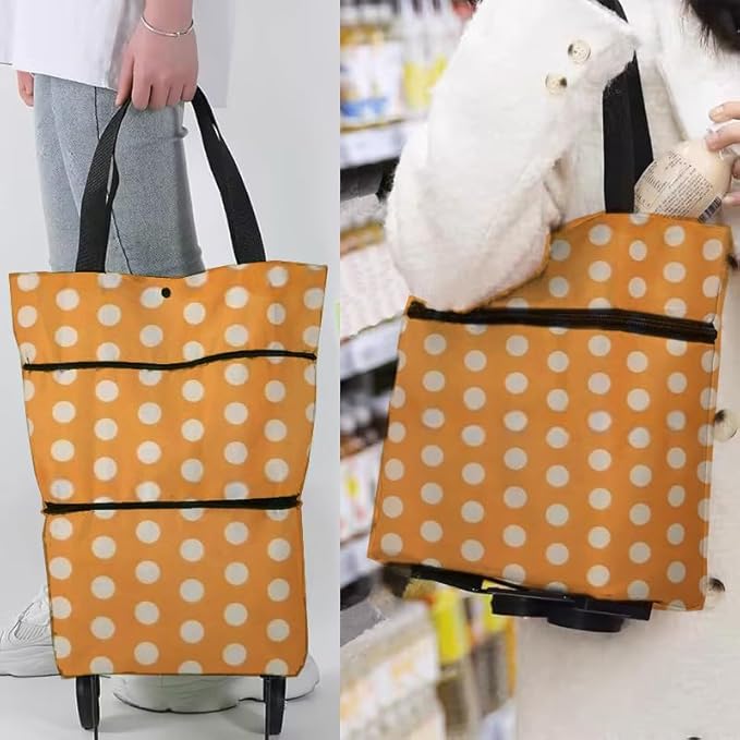 Collapsible Shopping Grocery Bag with Wheels Rolling Tote Bag with Wheels Large Reusable Shopping Bags Foldable Cart(Orange Dot,Large)