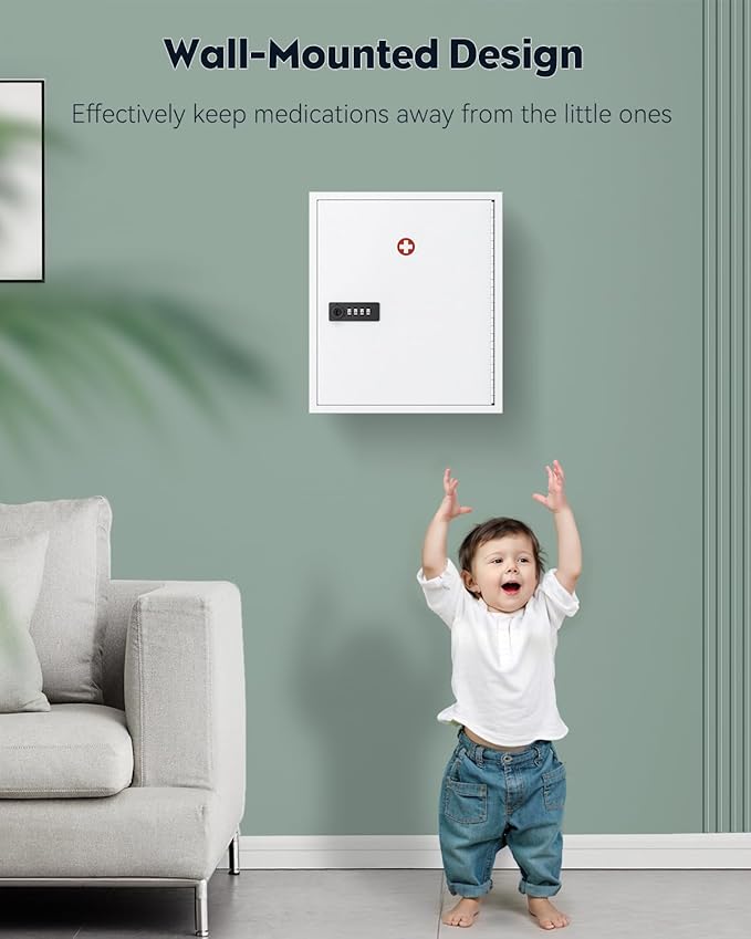 Uniclife Wall Mount Medicine Cabinet with Combination & Key Lock Locking First Aid Cabinet Lockable Medical Cabinet Large Cap