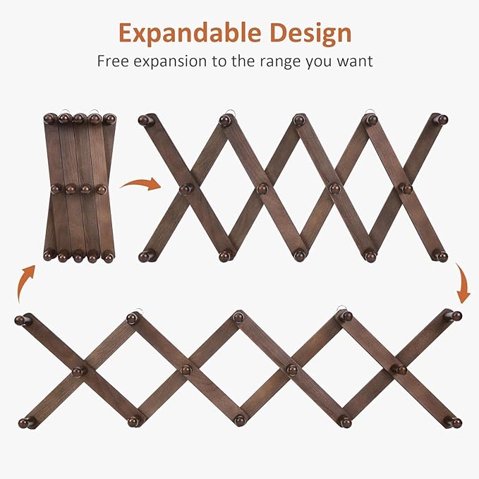 Accordion Wall Hanger, Hat Rack for Wall with 14 Coat Hooks, Expandable Hat Hangers Organizer, Vintage Decorative Coat Rack W