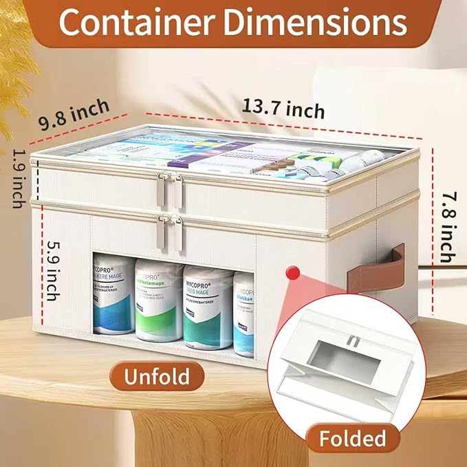 Medicine Organizer for Cabinet, 2-Tier Foldable Medicine Storage Box with Clear Cover and Leather Handle, Empty First Aid Kit