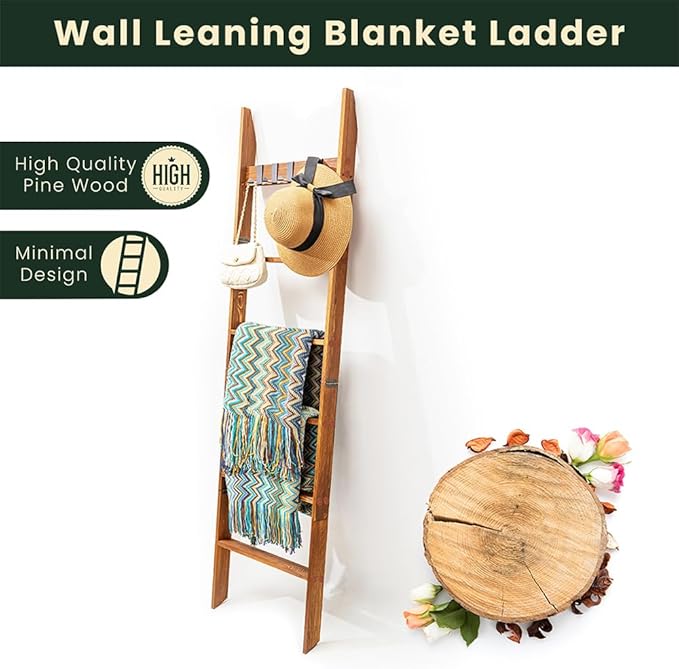 Decorative Wooden Blanket Ladder with Removable Hooks for The Living Room & Bedroom, Pine Wood, Easy Assembly 6-Tier Wall Lea