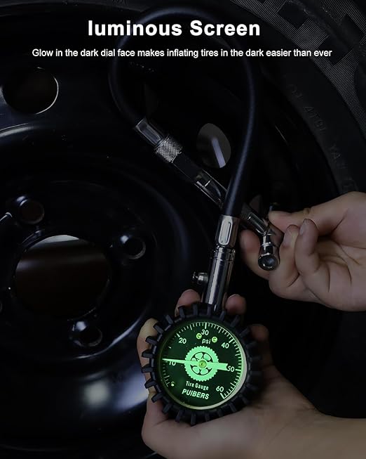 Schrader/Presta Motorcycle Tire Pressure Gauge 60 PSI， 2'' Dial Glow in Dark - Tire Air Pressure Gauge for Car, Motorbike, Bicycle,SUV,Truck Fits Schrader/Presta Valves