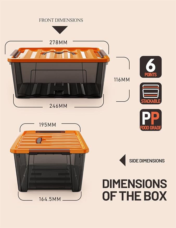 WYT 5-Quart Small Storage Container Bin with Orange Secure Lid and Black Clear Latch Buckles, Durable Plastic Stackable Nesta