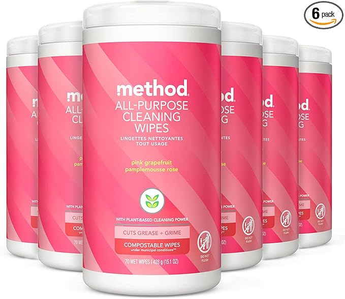 Method All-Purpose Cleaning Wipes, Pink Grapefruit, Multi-Surface, Compostable, 70 Count (Pack of 6)