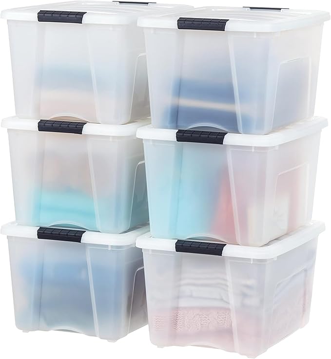 IRIS USA 40 Qt Stackable Plastic Storage Bins with Lids, 6 Pack - BPA-Free, Made in USA - Discreet Organizing Solution, Latch