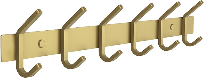 Brushed Gold Wall Mounted Coat Rack – 17 Inch Stainless Steel Rail with 6 Double Coat Hooks for Entryway, Bathroom, Bedroom, 