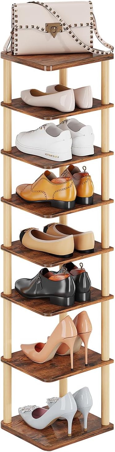 LUCKNOCK Vertical Shoe Rack, 8-Tier Tall Narrow Shoe Organizer for Entryway, Closet, Dorm & Small Spaces, Freestanding Wooden