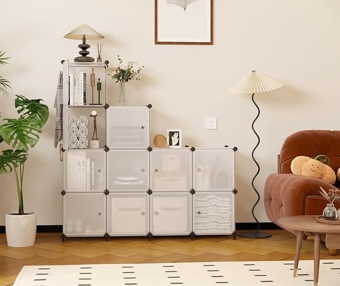 AWTATOS 12 Cube Storage Organizer with Doors, DIY Plastic Closet Shelf, Modular Bookshelf, Stackable Shelving Rack for Bedroo