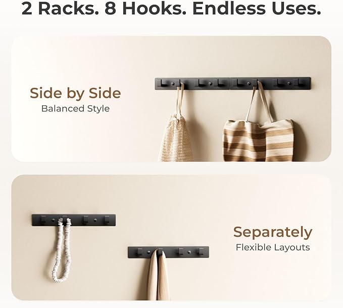GWAAZXGZ Black Wall Mounted Coat Rack- 2 Modular Rails (25'' Total), 8 Right-Angle Hooks, Modern Organizer for Entryway, Bath