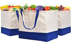 3 Pack Canvas Reusable Grocery Bags Heavy Duty, 8.3 gal Foldable Large Tote Bag with Handles, Holds 60 lbs Canvas Shopping Bags & Washable Eco-friendly Bags with 5 Pockets, Blue+Off White