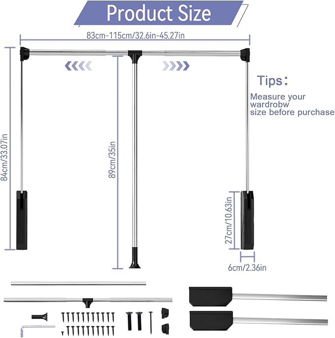 tonchean Pull Down Closet Rod Stainless Steel 32.6-45.3Inch Adjustable Wardrobe Lift Rail Rod Back Mounted Closet Pole for Wa