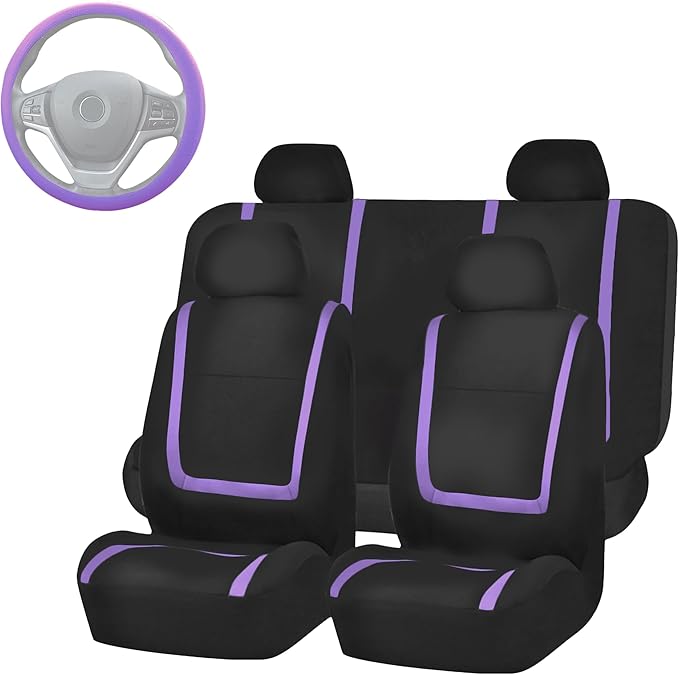 FH Group Unique Flat Cloth Full Set Car Seat Covers w. Silicone Steering Wheel Cover- Universal Fit for Most Cars, Trucks, SUVs or Vans (Purple/Black)