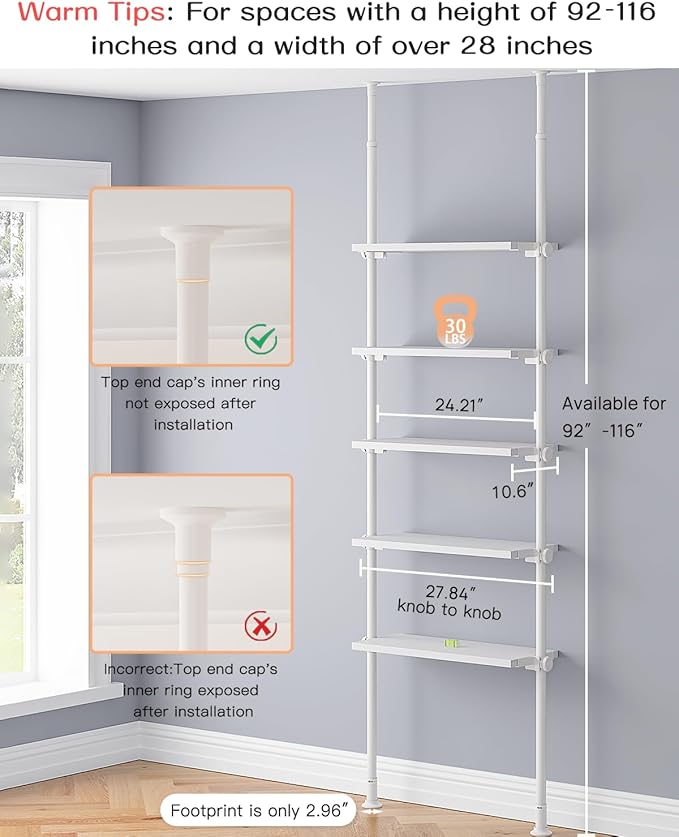 ALLZONE 5 Tiers Narrow Bookshelf, Tall Adjustable Ladder Book Shelf with Open Storage, Floor to Ceiling Tension Mount, Wooden