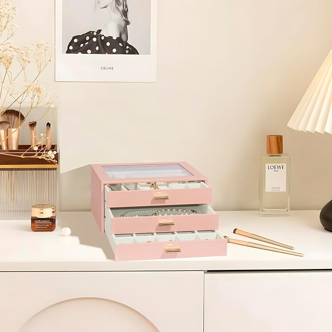 Jewelry Box Organizer with 3 Drawers,Glass Lid Jewelry Boxes for Women,Jewelry Storage for Rings,Necklaces,Earrings,Bracelets