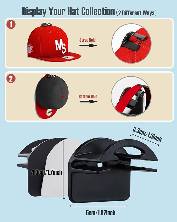 Adhesive Hat Hooks for Wall, Baseball Caps Strong Holdr, Ball Cap Hanger Wall Mount, Hat Display Rack, Hat Organizer Accessor