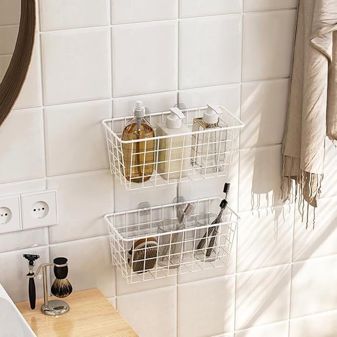Adhesive Basket Wall Wire Basket Over the Cabinet Door Organizer No Drilling Mounted 4 Pack, White