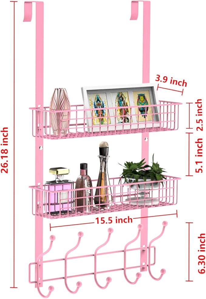 Coat Rack, Over The Door Hanger with Mesh Basket, Detachable Storage Shelf for Towels, Hats, Handbags, Coats (Pink-2 Baskets)