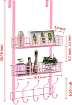 Coat Rack, Over The Door Hanger with Mesh Basket, Detachable Storage Shelf for Towels, Hats, Handbags, Coats (Pink-2 Baskets)