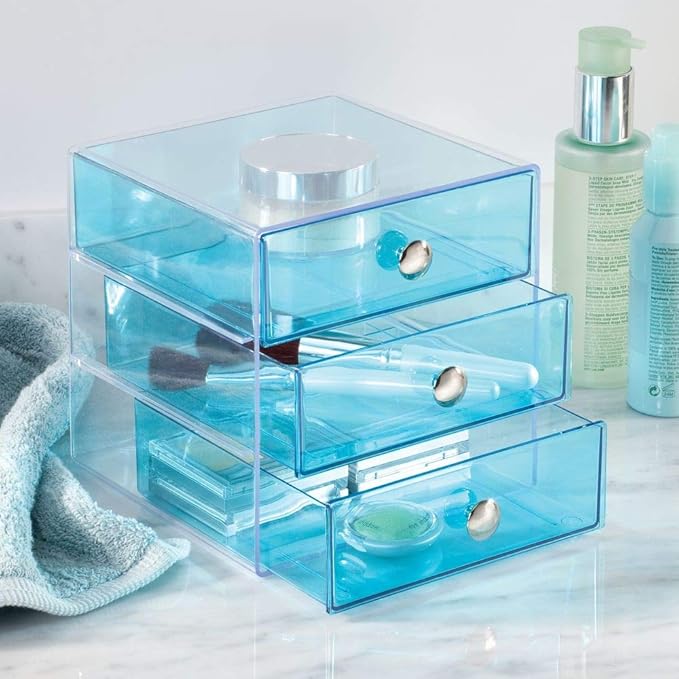 iDesign BPA-Free Plastic 3-Drawer Vanity Organizer - 6.5" x 6.5" x 6.5", Aqua