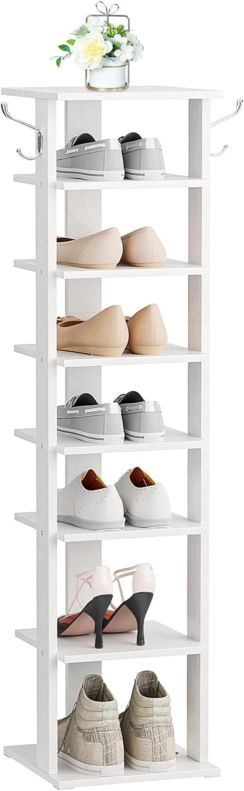 HOOBRO 8 Tiers Vertical Shoe Rack, Wooden Shoe Storage Organizer with Hooks, Narrow Shoe Tower for 8 Pairs, Space Saving, for